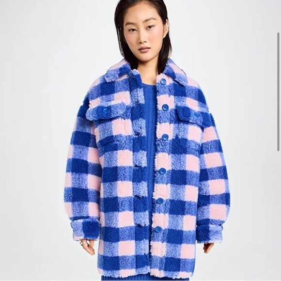 Stand Studio Sabi Oversized Blue & Pink Plaid Fuzzy Shacket Jacket Sz 32‎ FR NEW - Picture 1 of 10
